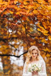 秋天新娘抱着和看婚礼花束在树的背面图片