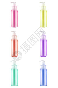 六个化妆品瓶与多色液体特写在白色背景上红色黄色橙色紫色绿图片