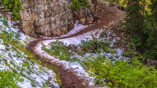 全景框架在犹他州廷帕诺戈斯山上蜿蜒的远足径图片