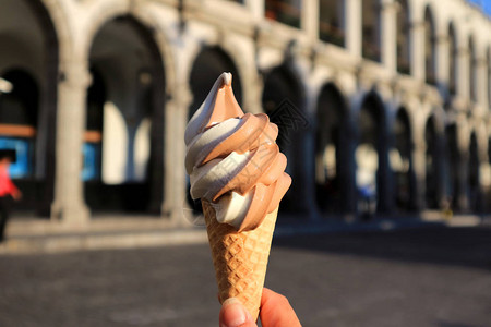 手持巧克力和香草软糖在阳光下吃冰淇淋与BlurrerryVintag图片