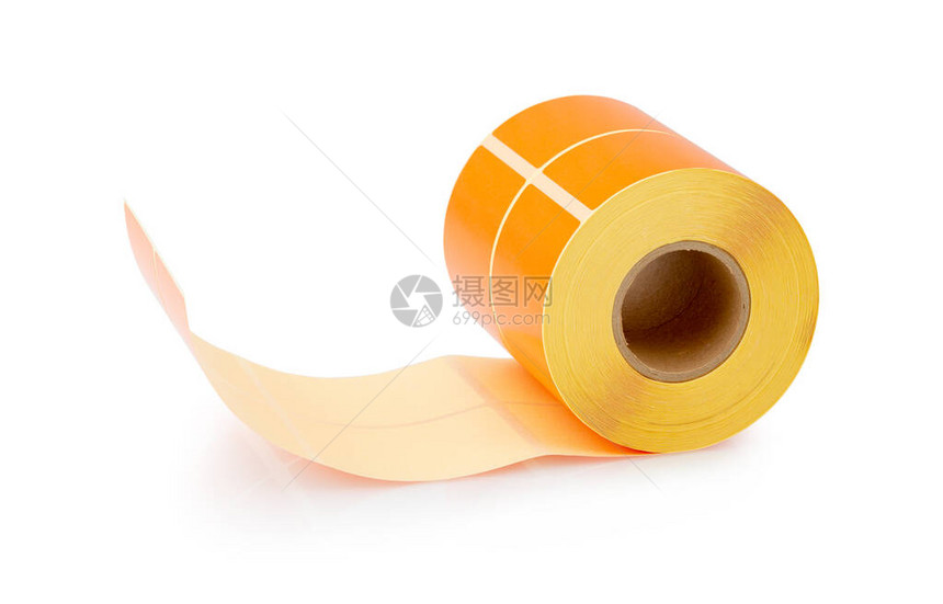 橙色卷隔离在白色背景与阴影反射剪切路径打印机的彩色卷轴用于直接热敏或热转图片