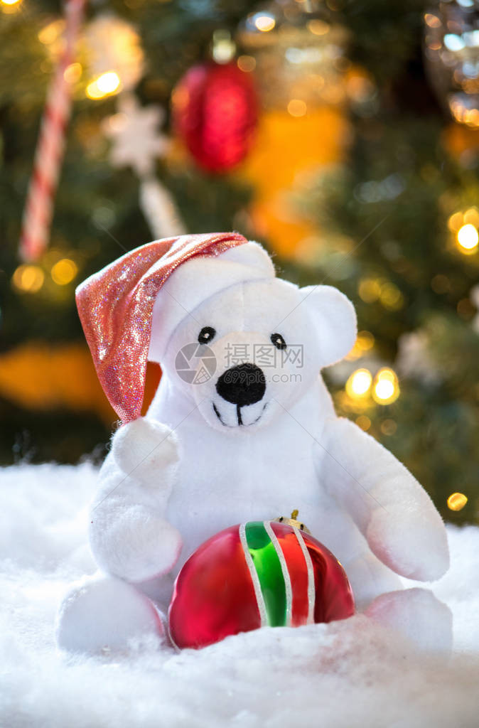 一只小白北极熊戴着红色圣塔帽子带着一顶亮图片