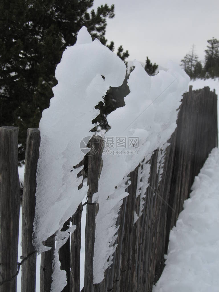 冰雪形成在栅栏上在强风图片