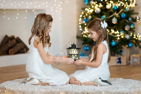 两个快乐的微笑小女孩带着圣诞灯图片