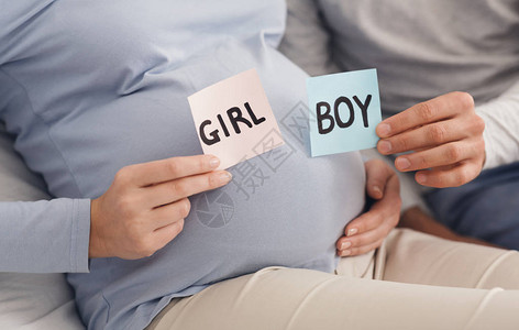 男女手握的男孩卡和女孩卡在孕妇肚图片
