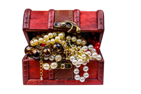 旧宝藏箱装满珠宝和饰品白图片