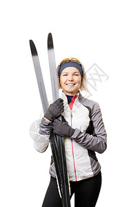摄影棚内空白底滑雪的年轻女图片