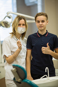 女牙医和一个病人一起在牙科室画像背景图片