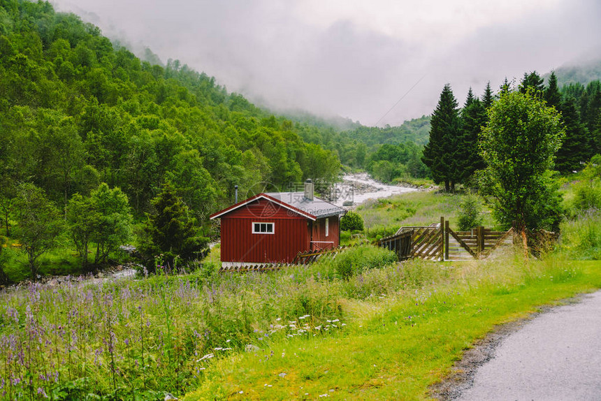 传统挪威红木屋以森林和自然为背景图片