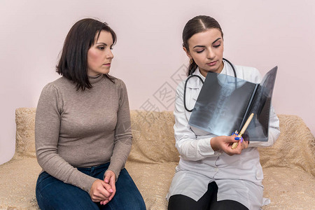 医生向青年妇女解释X光检查图片