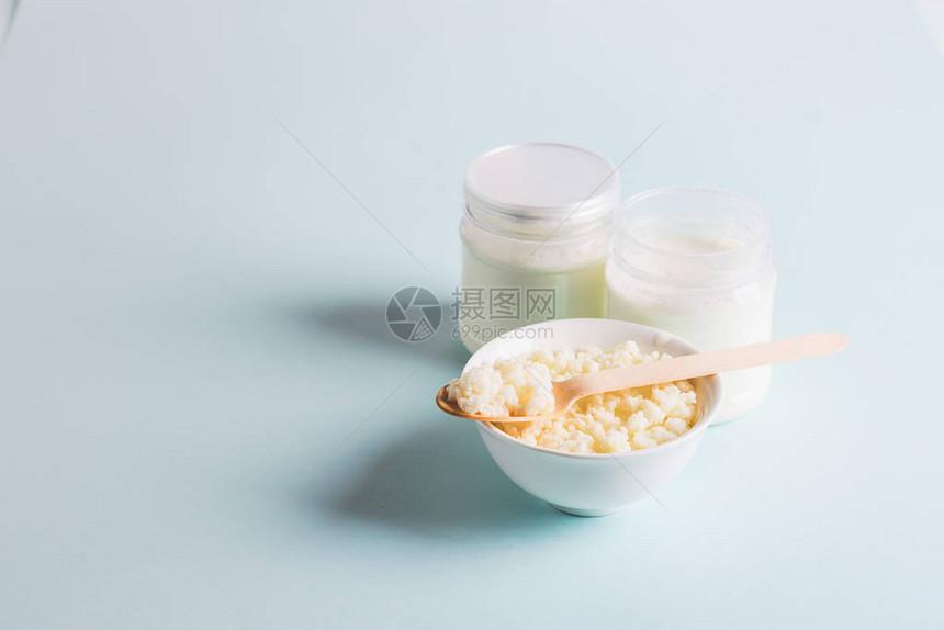 牛奶蘑菇有机益生菌发酵奶制品放在玻璃碗里发酵食品健康饮食概念复制空图片