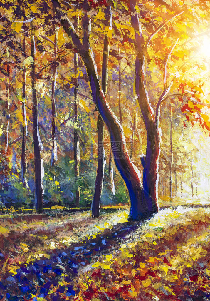 桑尼秋天的黑暗树在金色秋季森林公园林巷印象主义艺术中出现图片