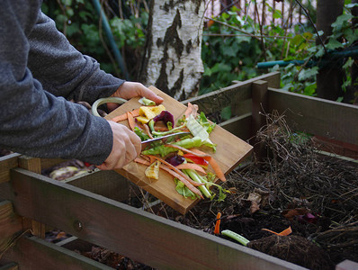 生态堆肥供应后院堆肥中的厨余回收男人从砧板上扔掉剩下的蔬菜环图片