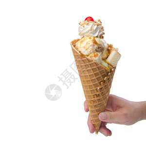 背景上带有锥体的冰淇淋勺新图片