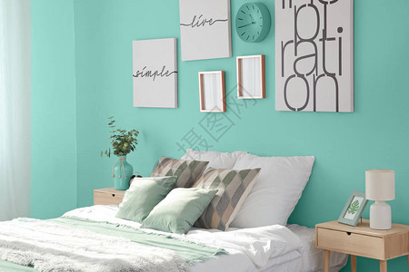 绿松石色卧室的时尚内饰图片