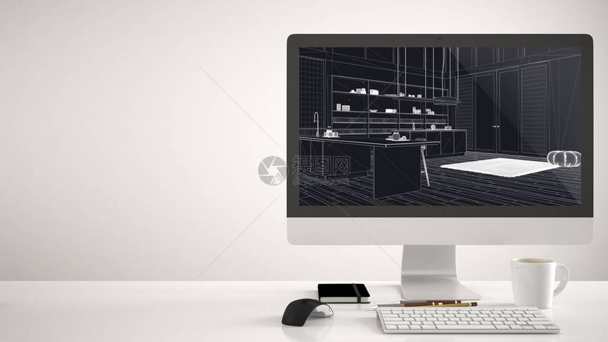 建筑师住宅项目概念白色背景台式电脑显示CAD草图的办公桌带岛式室内设图片