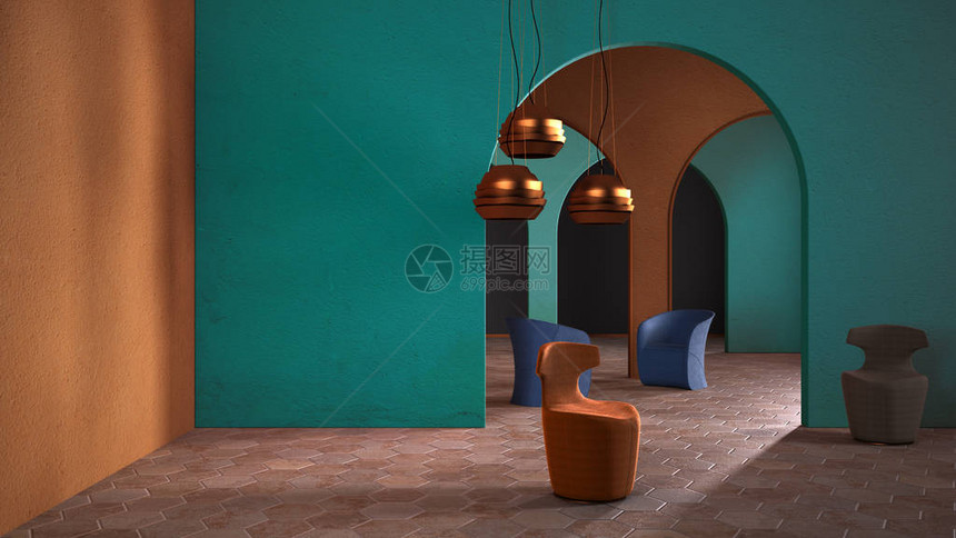 经典形而上学超现实主义室内设计带陶瓷地板的客厅开放空间带灰泥色墙壁和彩色扶手椅的拱门不寻常的建图片