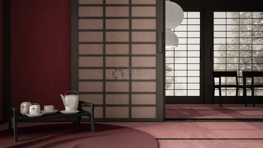 东方室内设计开放空间带蒲团的红色空房间榻米木屋顶米纸门传统茶室地毯带茶具的托盘椅图片