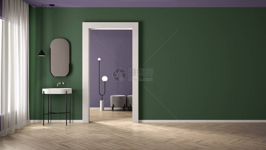 带石膏墙和镶木地板的极简主义浴室图片