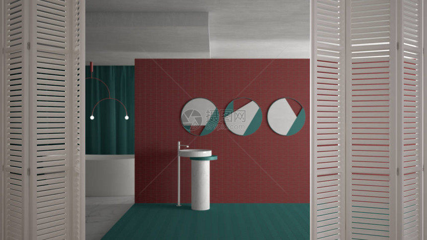 现代浴室的白色折叠门开口带镜子的水槽瓷砖带吊灯和窗帘的浴缸水槽镜子灯具建筑师设计师概图片