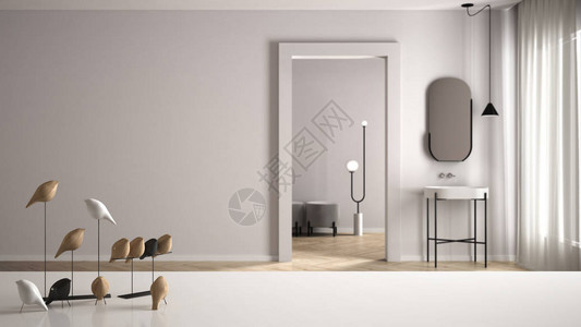 在模糊的现代白色浴室内有洗脸盆镜子和装饰现代室图片