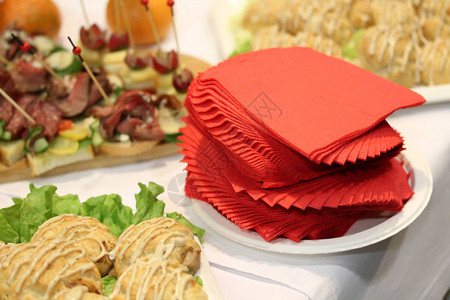 在站立派对或自助午餐的小吃中放一套红色纸巾美味的食物放在桌子图片