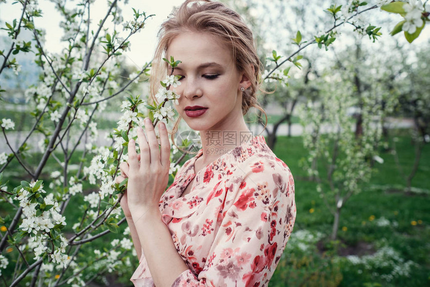 樱花盛开的花园里年轻漂亮的女人一张女人的脸被白色的花朵和樱桃树枝遮住了春天的自然甜美的香气盛开的春天樱桃树图片
