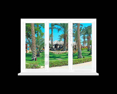 从埃及热带度假村的窗户看从五星级酒店的房间窗户到棕榈树热带花图片