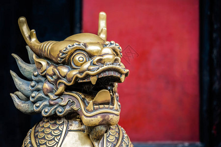 四川省成都市佛教文殊寺院子红墙背景中神秘的金黄铜守护狮雕像图片