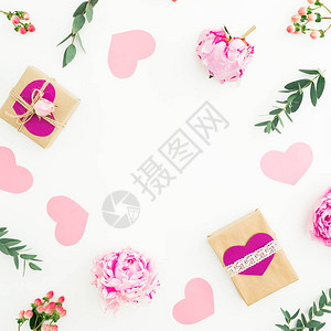 粉红色花叶树枝和礼物框架图片