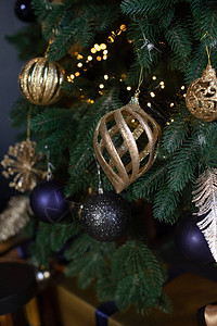 室内装饰圣诞树深色背景的古典风格客房内配有金色图片