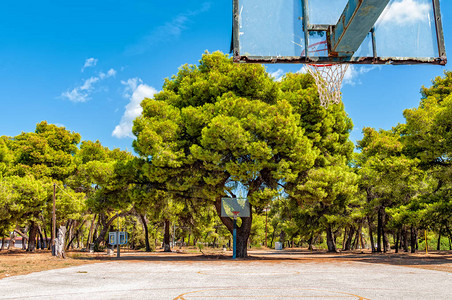 森林篮球场靠近树的篮球架空荡的街头篮球场对于运动和锻炼以及健康生图片