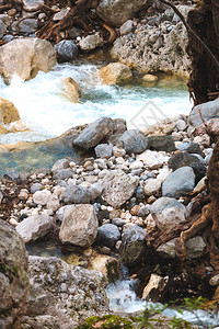 森林中的湖有岩石海岸的山区河流河底的大鹅卵石图片素材