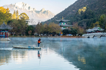 以玉龙雪山为背景的黑龙潭美景背景图片