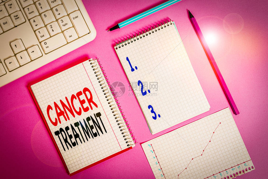 文字书写文本癌症治疗商业照片展示对癌症患者的医疗护理分析书写设备和放置在彩色平桌上图片