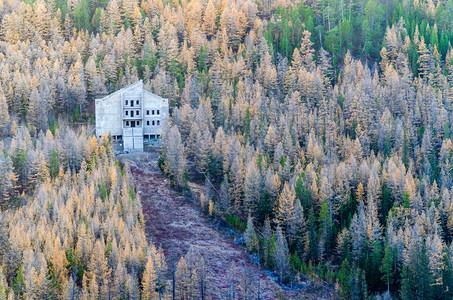 雅库特山区的一家废弃旅馆矗立在针叶林的针叶林间的小山上的森林中图片