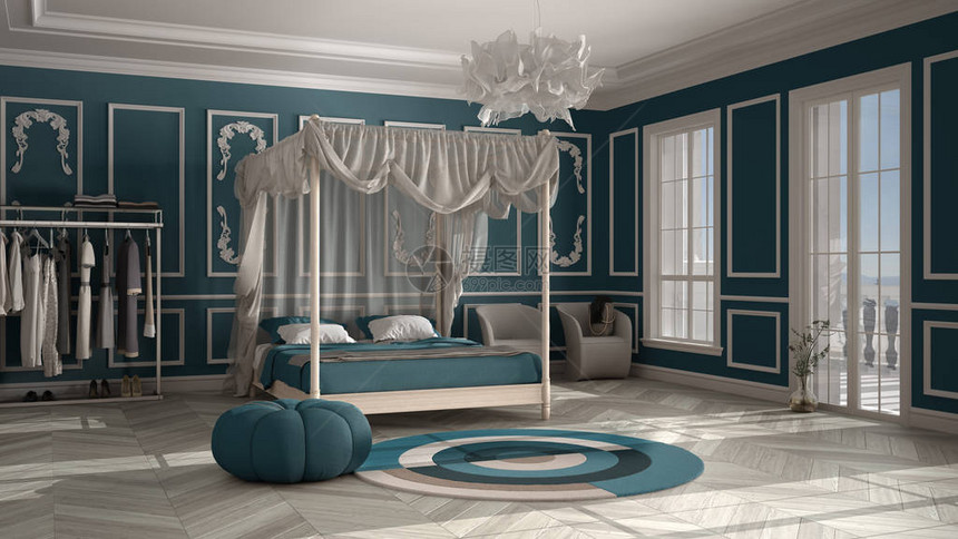经典豪华卧室酒店套房人字形镶木地板灰泥模制墙壁带枕头和毯子的双人天蓬床圆形地毯扶手椅图片