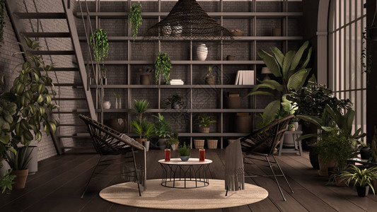 现代温室冬季花园灰色室内设计带藤扶手椅和桌子的休息室图片