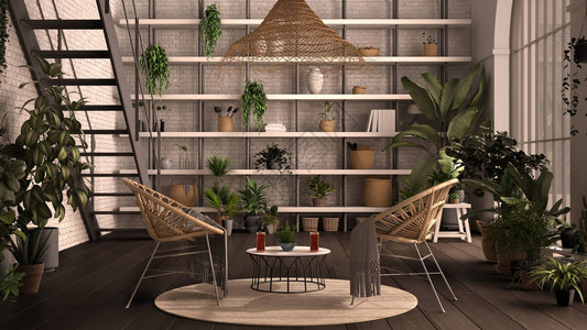 现代温室冬季花园白色和灰色室内设计带藤扶手椅的休息室桌子图片