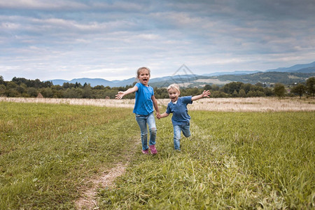可爱的小女孩和她的弟手牵穿过山中美丽的草地图片