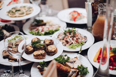 在婚宴特殊场合餐桌上的白色陶瓷盘子上供应各种美味的冷小吃餐厅桌上的各种熟食小吃和食物圣诞节或背景图片