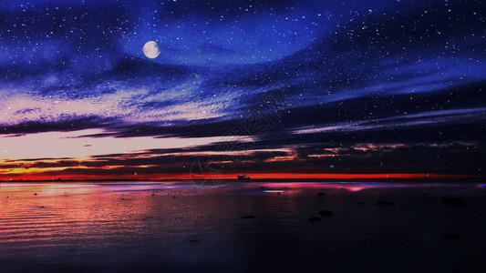 满天星斗的天空月亮星日落夏夜海景城市全景夜光反射在水港月亮在蓝天老镇图片