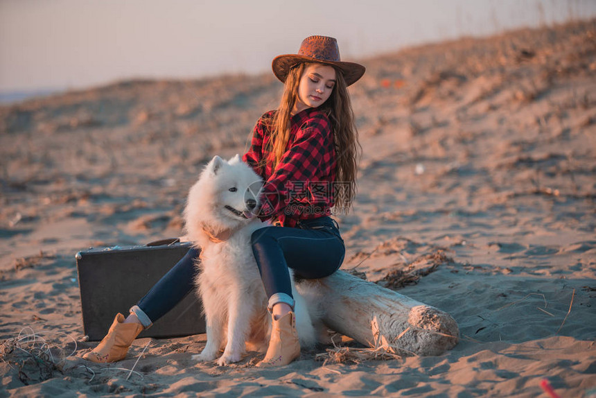 女孩和一条海边的狗玩得开心图片