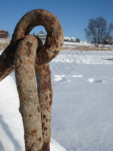 公园里的一个湖泊的冬季场景有白雪覆盖的树木和海滩图片