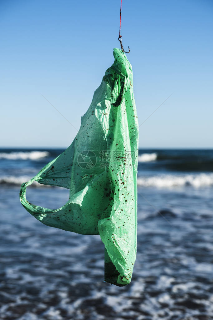 在一个鱼钩上关闭一个用过的绿色塑料袋图片