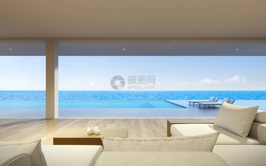 现代豪华客厅与白色沙发和无穷水池的视角在海景背半外门大型窗口设计图片