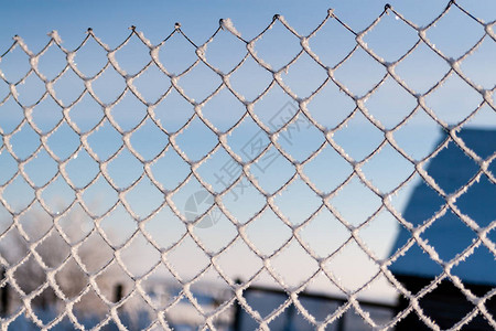 栅栏的金属网格在一天霜冻时图片