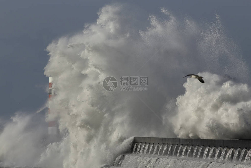 对码头和灯塔的大浪溅图片