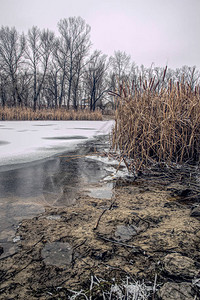 河岸的早春融冰和图片