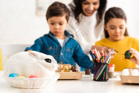 白兔在靠近母亲和孩子的韦克选择地聚焦白兔子在复活图片